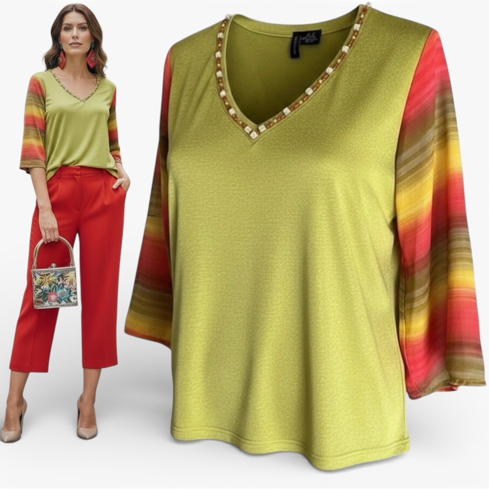 LYNN RITCHIE Top Knit Jersey Silk and Striped Silk Bell Sleeves Beaded Neck Sz M